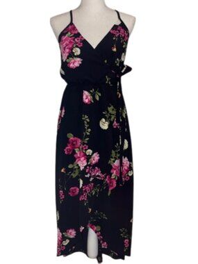 Scobe Black High-Low Dress with PINK Floral and Green Leaf Print